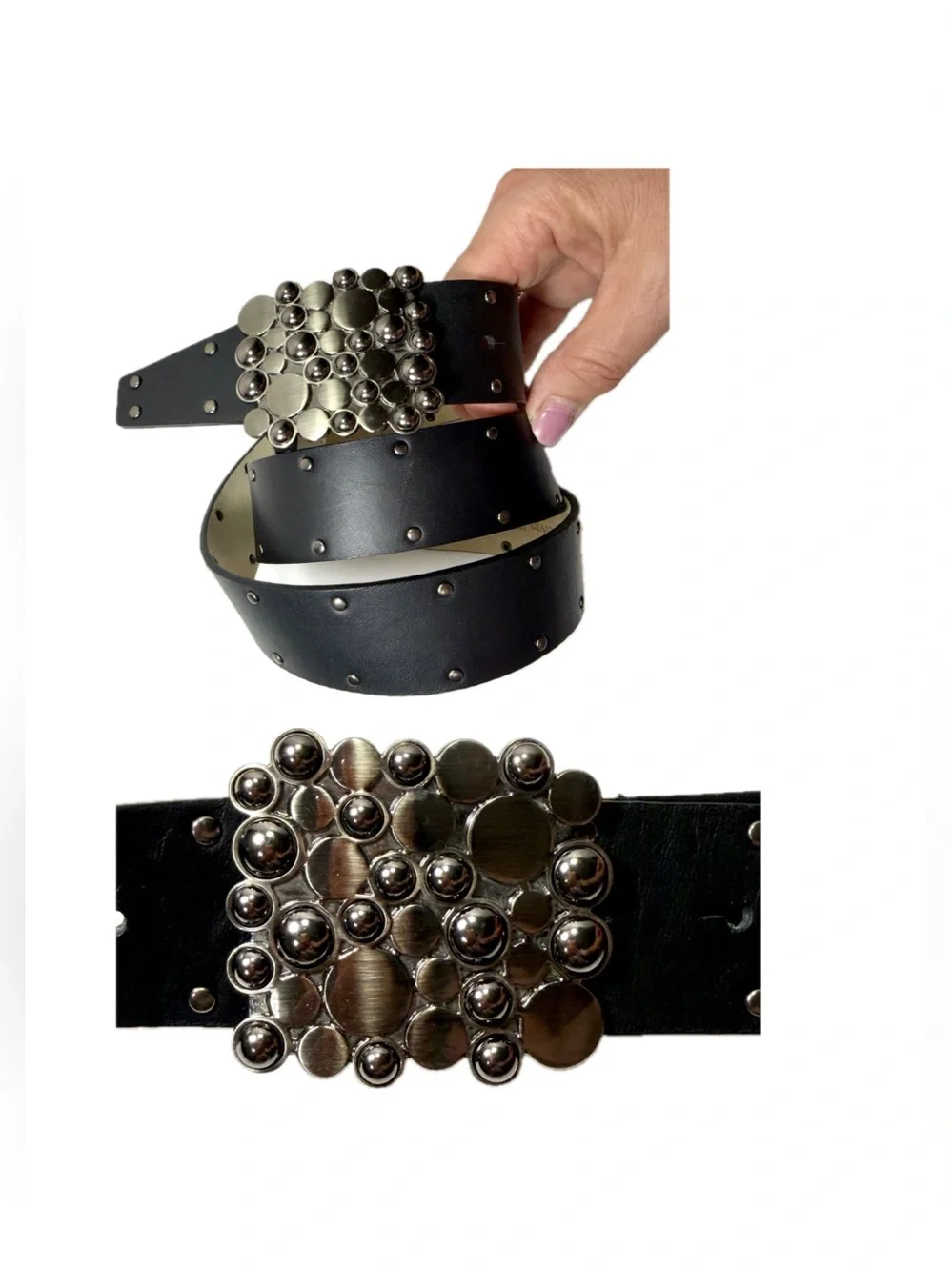 Vintage Calvin Klein Black Leather Belt Women L Studded Mosaic Statement Buckle